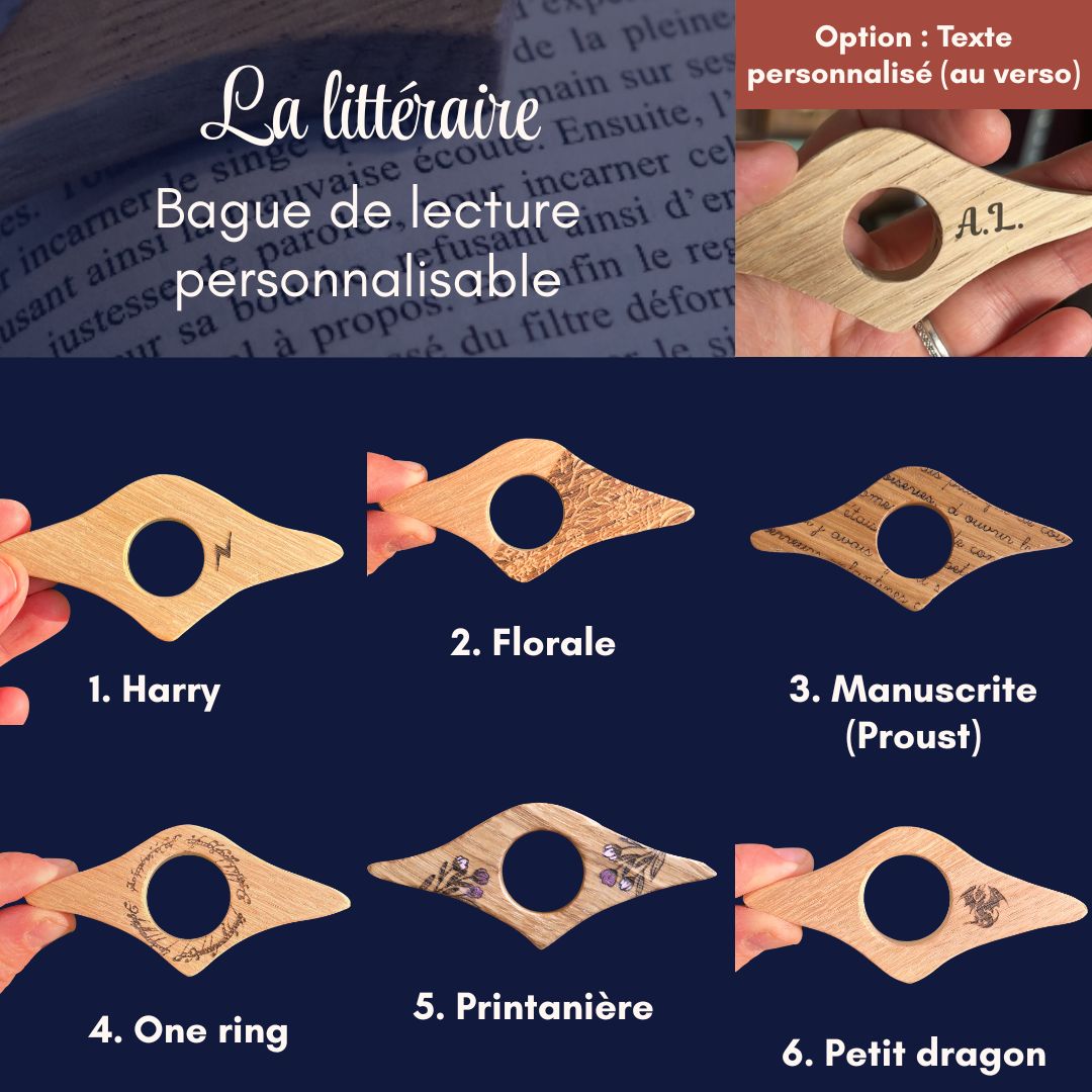 La littéraire - Bague de lecture en bois personnalisée